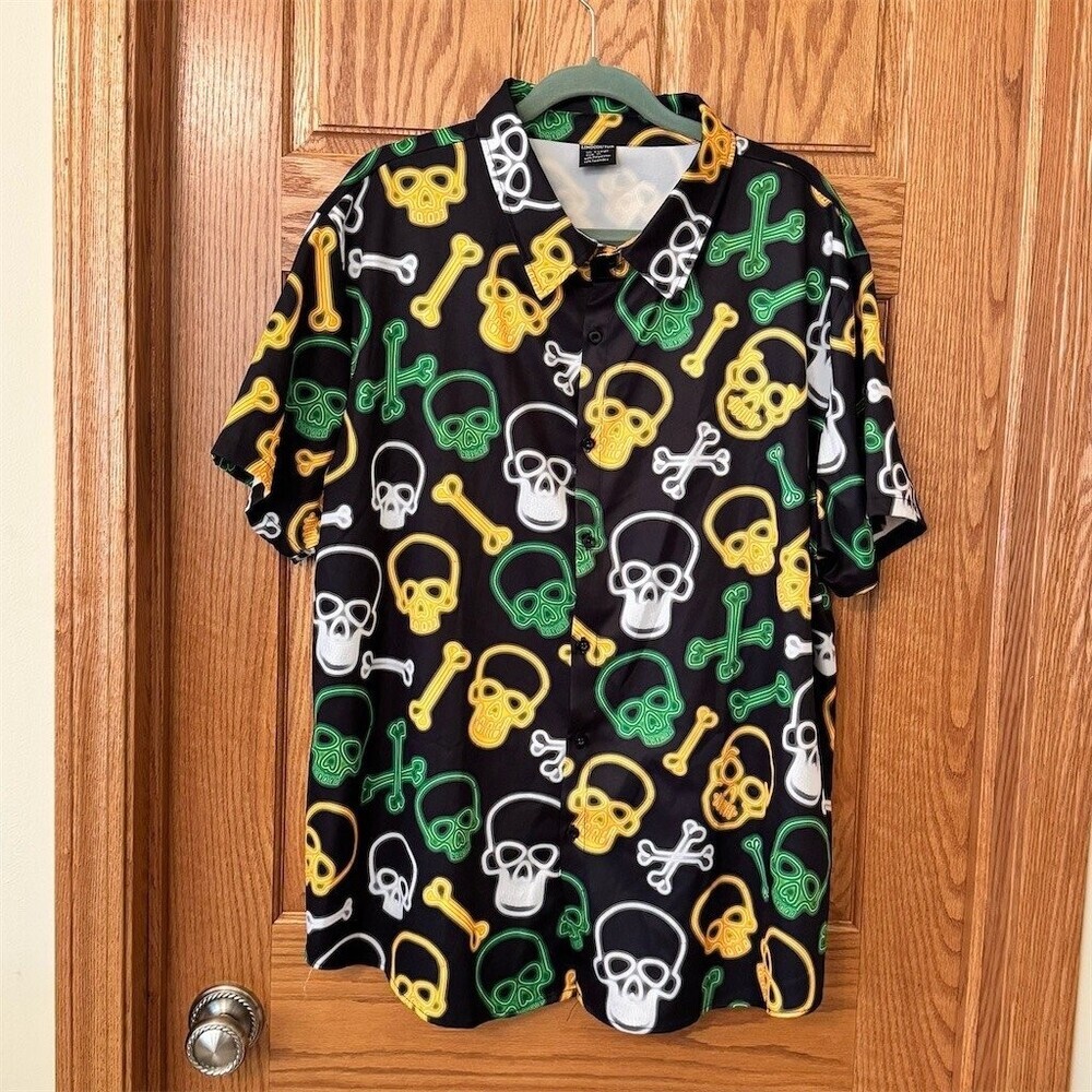 LINOCOUTON Button-Up Shirt Mens XL Skull & Crossbones Graphic Print Black